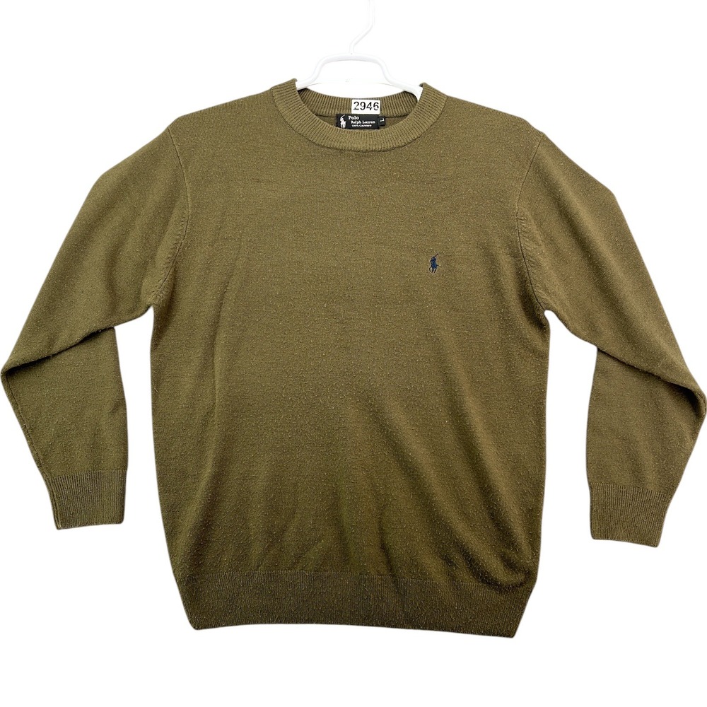 Polo Ralph Lauren Mens Large Olive Green 100% Cashmere Crewneck Sweater Pony